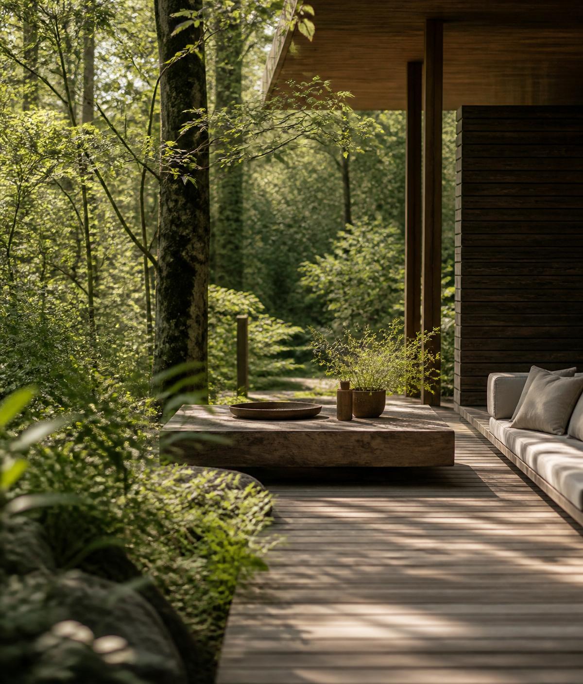 Espacio de encuentro rodeado de bosque con luz natural